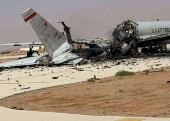 A damaged US Boeing E-3 Sentry airborne warning and control aircraft following an Iranian strike on the airbase, amid the U.S.-Israeli conflict with Iran, at Prince Sultan Air Base in Saudi Arabia in this picture obtained from social media released on March 29, 2026. New photos expose extensive damage at US bases hit by Iranian strikes