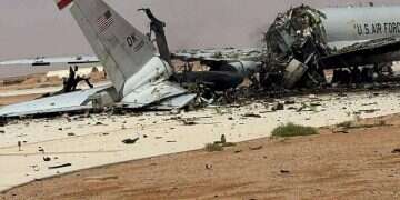 A damaged US Boeing E-3 Sentry airborne warning and control aircraft following an Iranian strike on the airbase, amid the U.S.-Israeli conflict with Iran, at Prince Sultan Air Base in Saudi Arabia in this picture obtained from social media released on March 29, 2026. New photos show Iranian strike damage at US bases