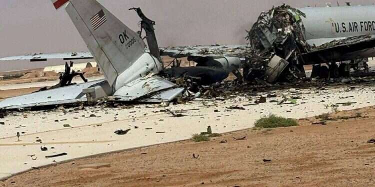 A damaged US Boeing E-3 Sentry airborne warning and control aircraft following an Iranian strike on the airbase, amid the U.S.-Israeli conflict with Iran, at Prince Sultan Air Base in Saudi Arabia in this picture obtained from social media released on March 29, 2026. New photos expose extensive damage at US bases hit by Iranian strikes