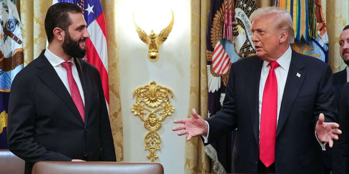 Syria's President Ahmed al-Sharaa (L) meets with US President Donald Trump at the White House in Washington DC. Syrian president slams Israel, jokes with Trump about 'giving up New Jersey' instead of Golan