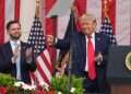 President Donald Trump points as Vice President JD Vance watches during the 158th National Memorial Day Observance coinciding with the nation's 250th anniversary, at the Memorial Amphitheater in Arlington National Cemetery, Monday, May 25, 2026. Report: Vance secretly tried to help Clinton defeat Trump in 2016