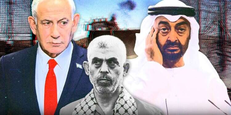 Prime Minister Benjamin (pictured) reportedly got a targeted warning from UAE president about Hamas leader Sinwar (center) just before the events of Oct. 7 (pictured in background) Netanyahu reportedly buried major warning 10 days before October 7