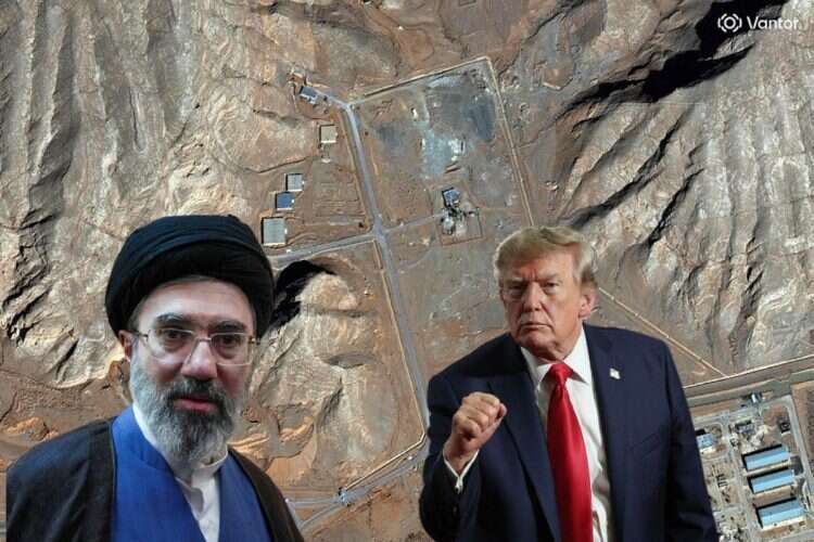 US officials have focused on nuclear talks rather than on reopening the Strait of Hormuz (Pictured: President Trump and Iranian Supreme Leader Khamenei against the background of Isfahan's nuclear site)