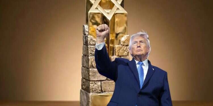 US President Donald Trump pumps his fist as he leaves the stage after delivering remarks during the Faith & Freedom Coalition's 2026 Policy Conference at the Washington Hilton on June 26, 2026 (background: The special statuette Trump will receive upon collecting the Israel Prize) 75000 shekels are waiting in Jerusalem – for Trump
