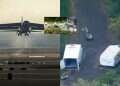 Online images appear to show vans being handled by an EOD robot near RAF Fairford (inset: the suspects upon being arrested; an aircraft flying from the base) 5 arrested for 'preparation of terror act' near RAF base used for US strikes on Iran