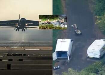Online images appear to show vans being handled by an EOD robot near RAF Fairford (inset: the suspects upon being arrested; an aircraft flying from the base) Major incident declared at RAF Fairford base used for Iran strikes