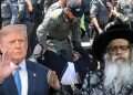 US President Donald Trump (L) and Satmar rebbe Zalman Teitelbaum (R) against the backdrop of Haredi riots over the IDF draft law Hasidic leaders to meet with Trump as fight over IDF draft law reaches White House