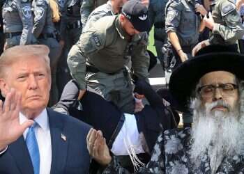 US President Donald Trump (L) and Satmar rebbe Zalman Teitelbaum (R) against the backdrop of Haredi riots over the IDF draft law Hasidic leaders to meet with Trump as fight over IDF draft law reaches White House