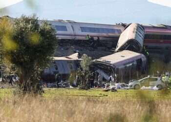 A general view showing the derailed carriages of the two high-speed trains (AVE in Spanish symbols), one of Renfe and another of Iryo, that have crashed in the village of Urda, Toledo, Spain, 28 October 2026 Dozens feared dead in Spain high-speed train crash