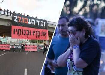 Mourners gather at the site of the Nova music festival massacre (left: protesters blocking the Ayalon Highway) on Oct. 7, 2026 October 7, 2023: Israel pauses to remember 3 years later
