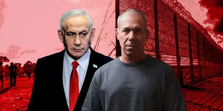 Avi Gil and Prime Minister Benjamin Netanyahu against the backdrop of the border fence breached on October 7 | Photos: Micha Brickman, AFP, Reuters