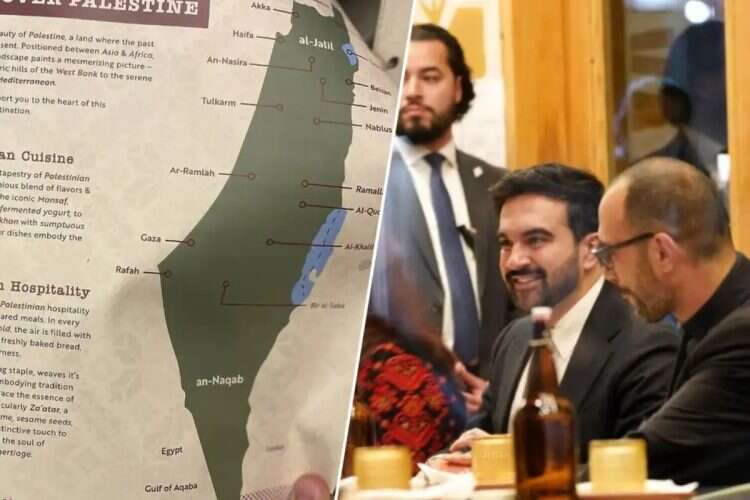 Protesters at the pro-Palestinian restaurant "Ayat," alongside the restaurant's menu