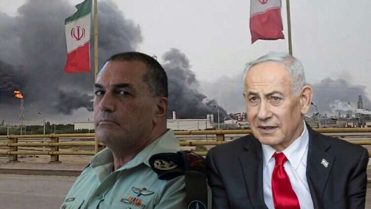 Smoke rises after strikes on the Mahshahr Petrochemical Zone in Bandar Mahshahr. Right: PM Netanyahu. Left: IDF Chief of Staff Eyal Zamir